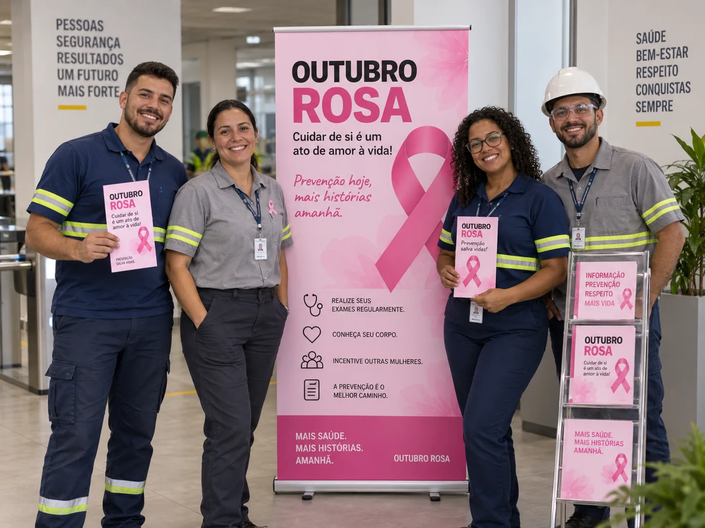 Equipe ao lado do banner de Outubro Rosa com os folders da campanha