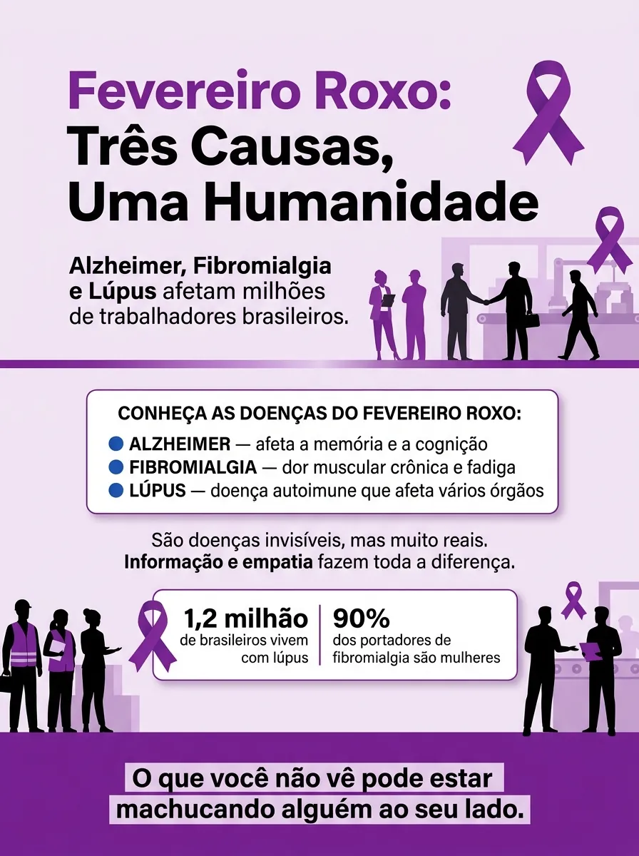 Cartaz Fevereiro Roxo — Três causas, uma humanidade