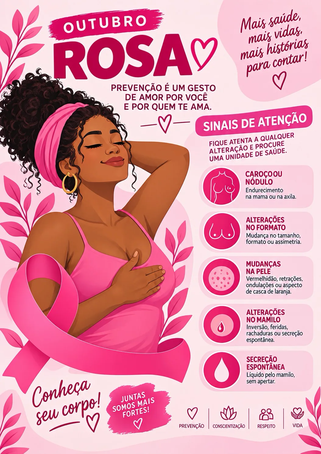 Cartaz Outubro Rosa — Sinais de atenção: conheça seu corpo