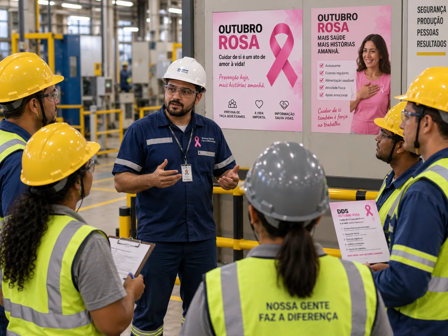 DDS de Outubro Rosa conduzido com a equipe na área de produção