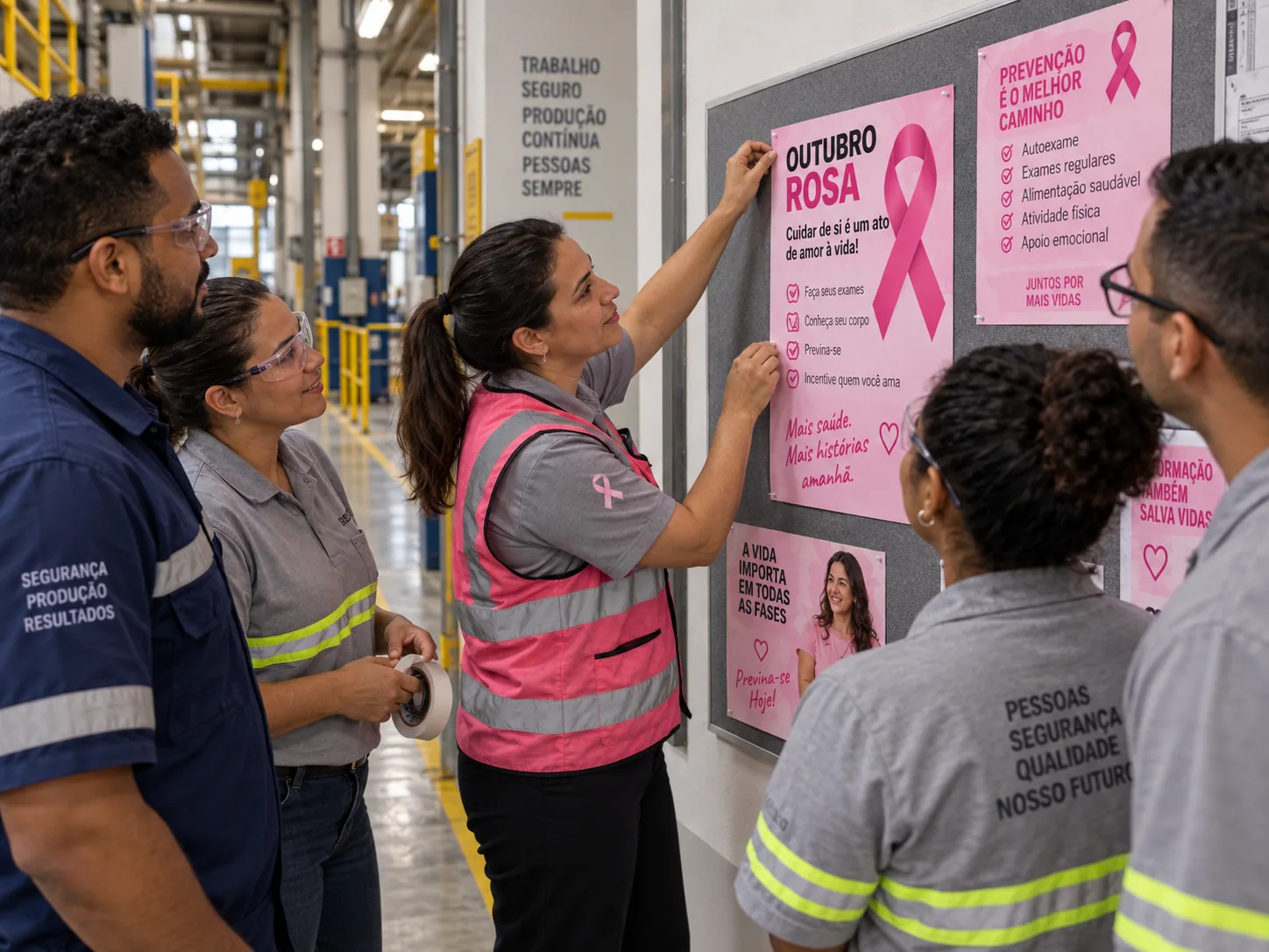 Equipe fixando os cartazes de Outubro Rosa no mural da fábrica