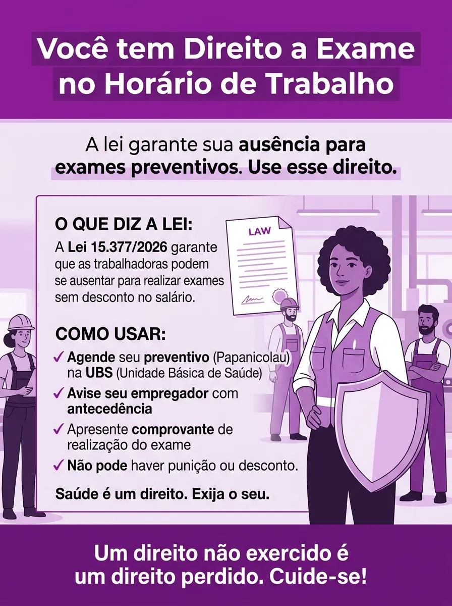 Cartaz Março Lilás — A lei garante sua ausência para exames preventivos