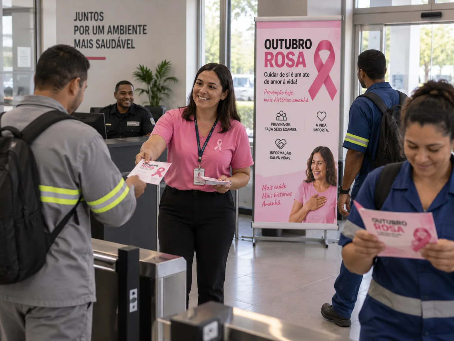 Folders de Outubro Rosa entregues aos colaboradores na entrada da empresa