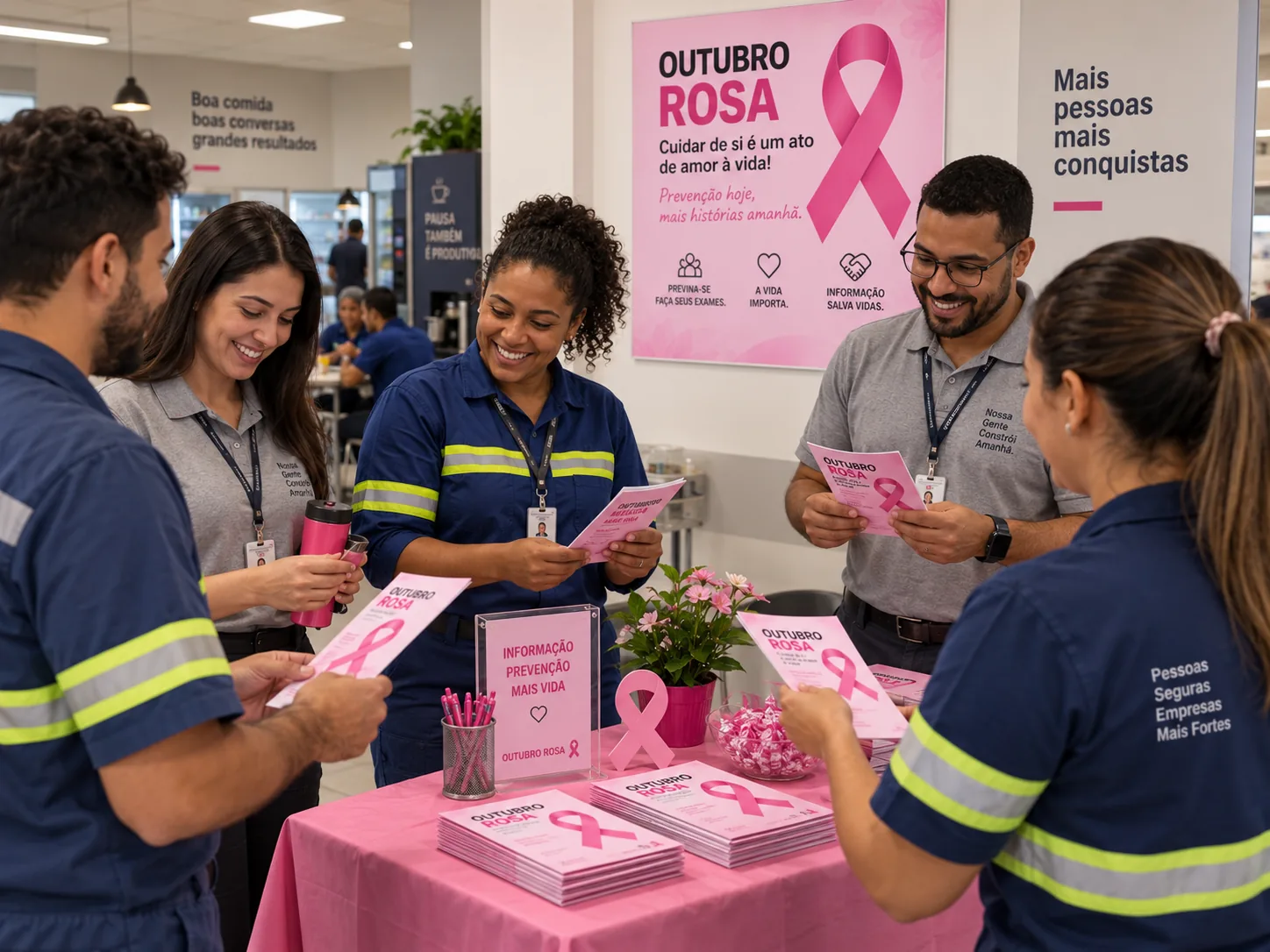 Colaboradores recebendo folders de Outubro Rosa no refeitório da empresa