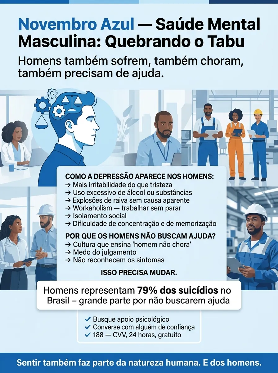 Cartaz Novembro Azul — Saúde mental masculina: quebrando o tabu